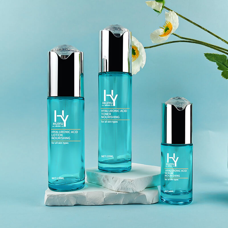 Individuell Seidenbedruckt Blau Hautpflege Glascreme Flasche und Dose HY-2442