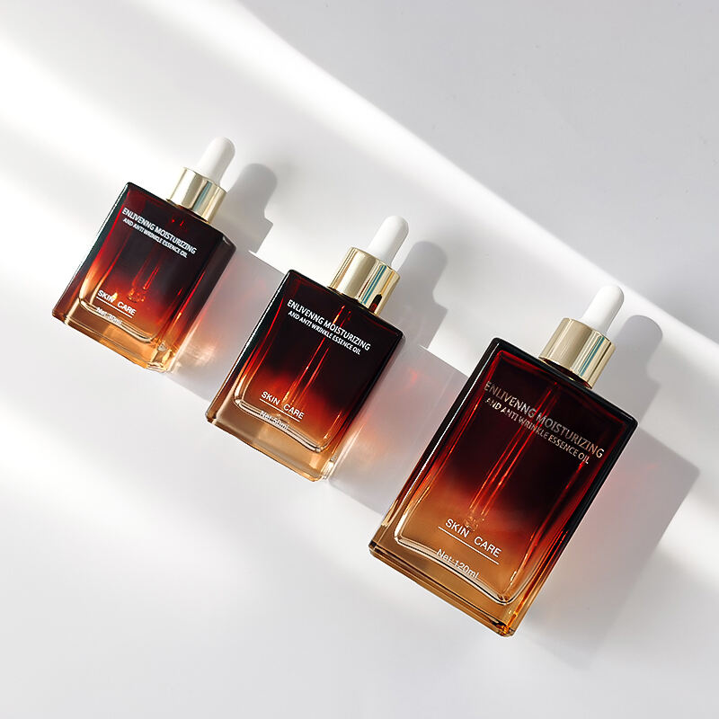 Benutzerdefinierte Farbe Quadratisch 120ml 50ml 30ml Bernsteinfarbene Glas-Essentialöltropfenflasche HY-1902