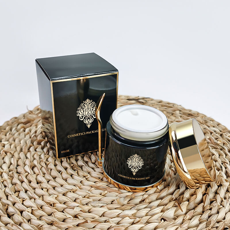 Individuelles Logo öko-freundlicher Luxus Hautpflege-Cremeglasbehälter Kosmetik 20ml 30ml 50ml Schwarze Goldverschluss Glasflasche mit Löffel und Box