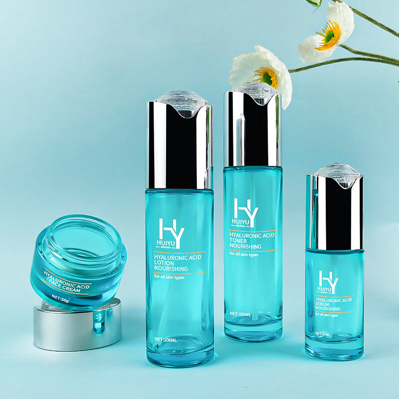 Individuell Seidenbedruckt Blau Hautpflege Glascreme Flasche und Dose HY-2442