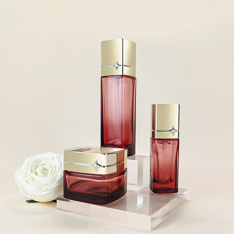 New arrival red glass skin care cream jar container and lotion bottle set HY-2460