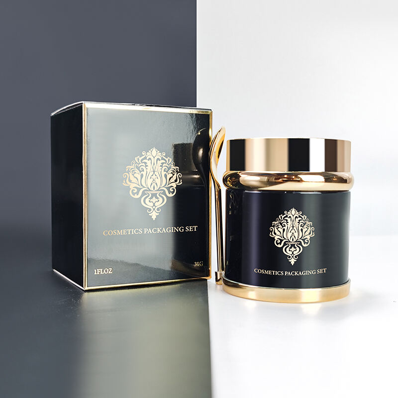 Individuelles Logo öko-freundlicher Luxus Hautpflege-Cremeglasbehälter Kosmetik 20ml 30ml 50ml Schwarze Goldverschluss Glasflasche mit Löffel und Box