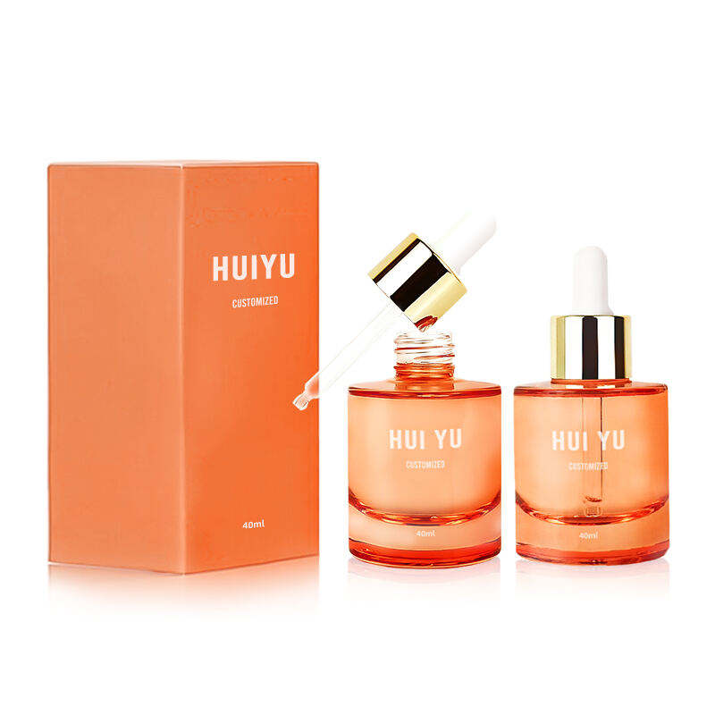 OEM personalizzato, flacone in vetro da 40 ml con contagocce, superficie trasparente, per etichetta privata, siero per la cura della pelle, confezione con scatola e tappi dorati