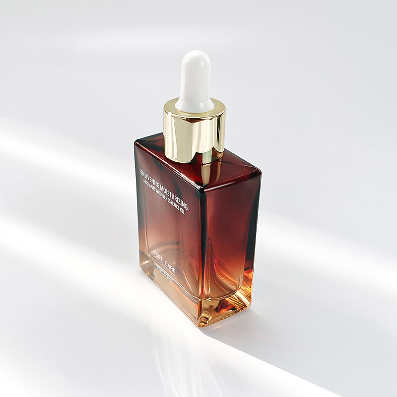 Benutzerdefinierte Farbe Quadratisch 120ml 50ml 30ml Bernsteinfarbene Glas-Essentialöltropfenflasche HY-1902