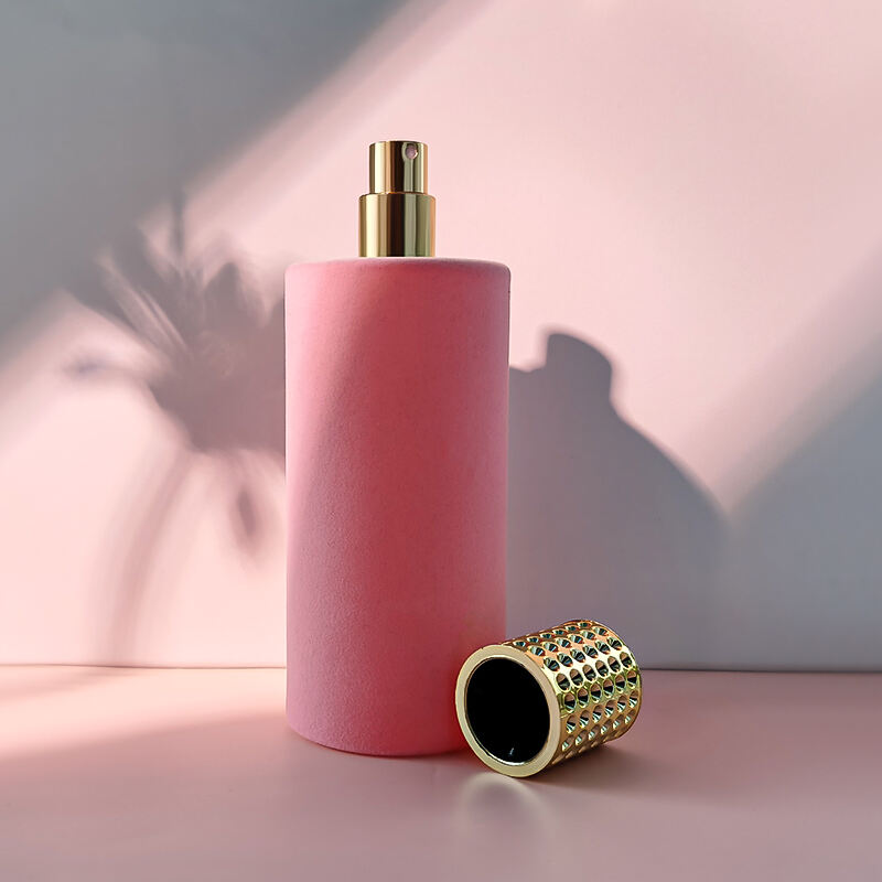 Neuankunft Rosa Flockdruck Luxusparfümflakon Umweltfreundlich Recyclbar Runder Leerer Glasparfümöl-Sprayflakon 100ml