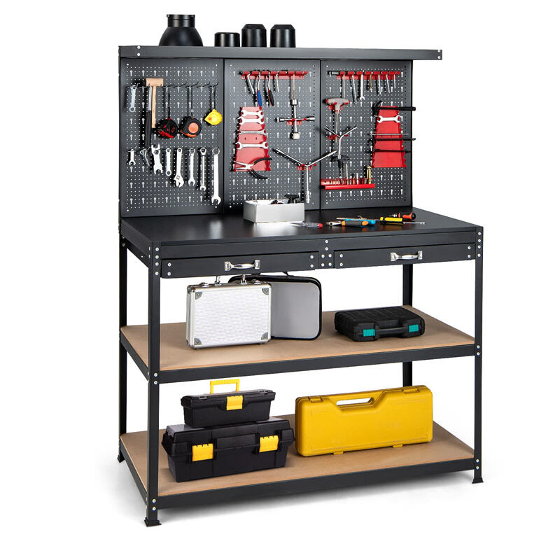 Heavy Duty Work Table Garage Workstations Work Bench With Drawers & Steel Pegboard