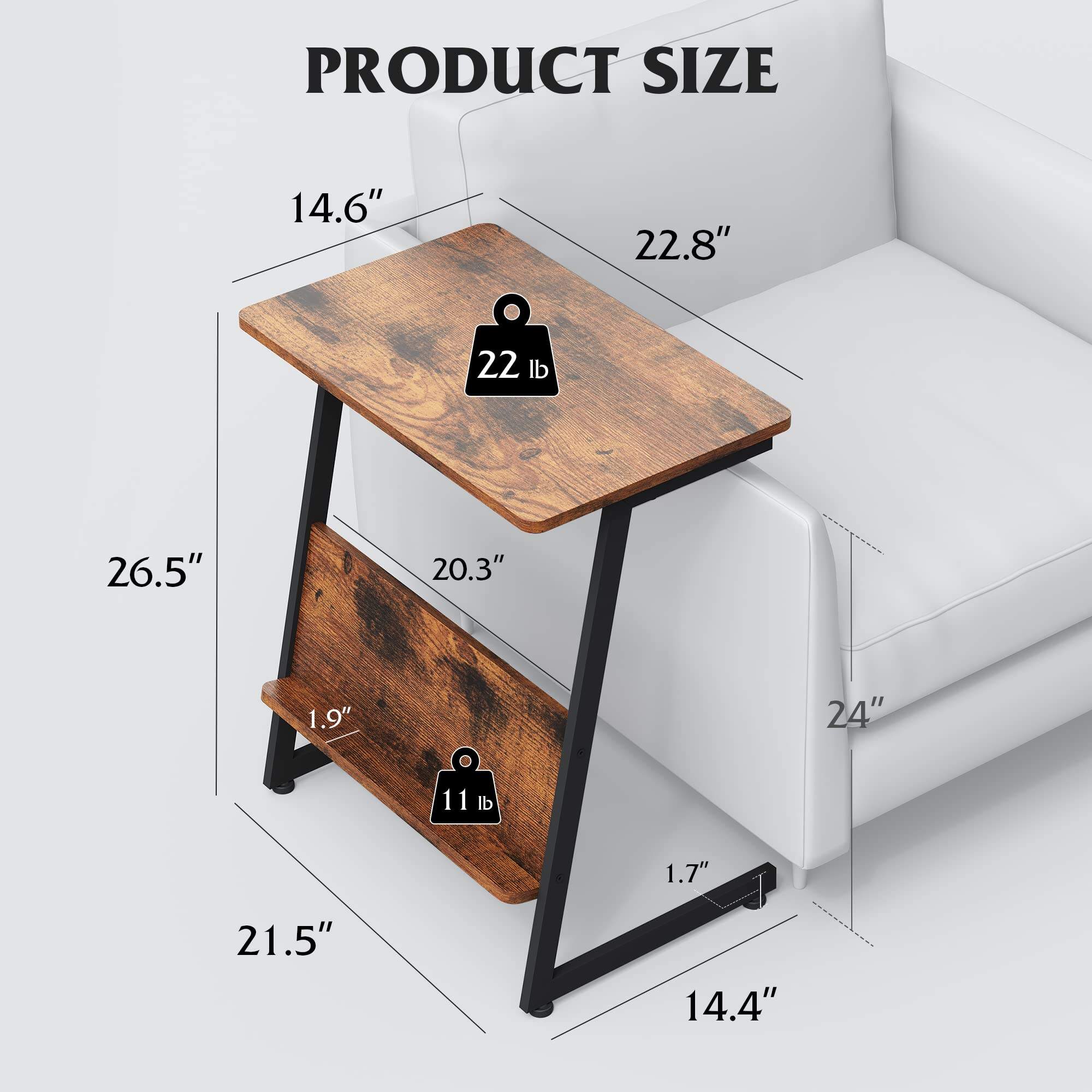 C Shaped End Table Snack Side Table with Magazine Rack for Sofa Couch and Bed