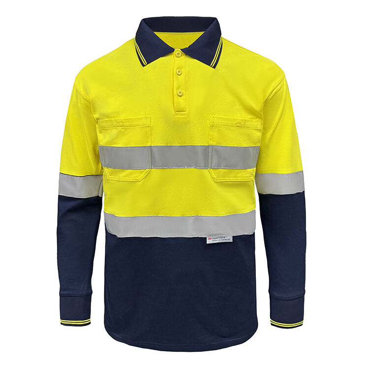 Mens Reflective Safety Wear UPF50+ Spliced Pure Cotton Long Sleeve Hi Vis Polo Shirts
