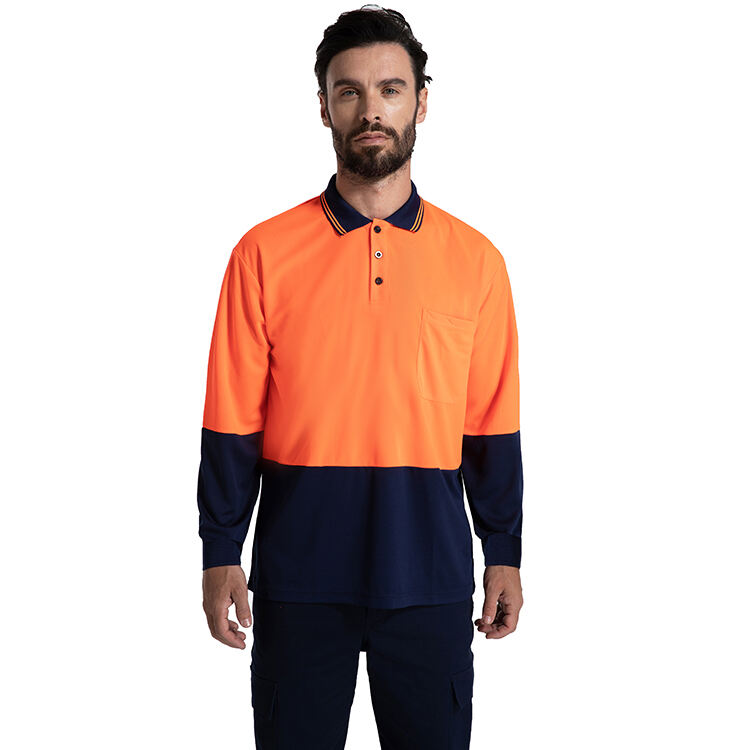 Customizable High Visibility Polyester Construction Long Sleeve Safety Workwear Orange And Green Polo Shirt With Reflective Tape