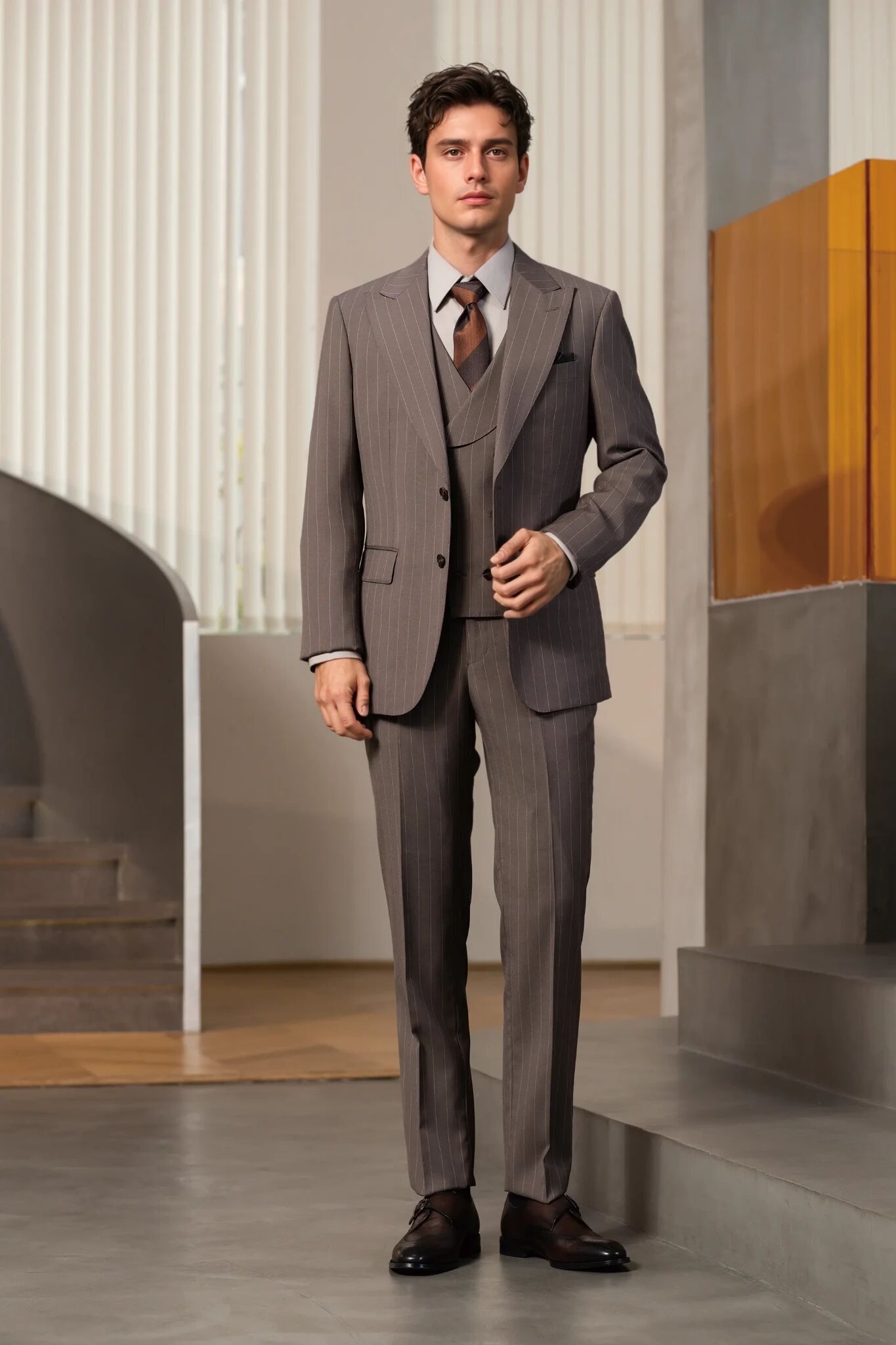 коричневый полосатый костюм-смокинг 2025 Tuxedo 8710