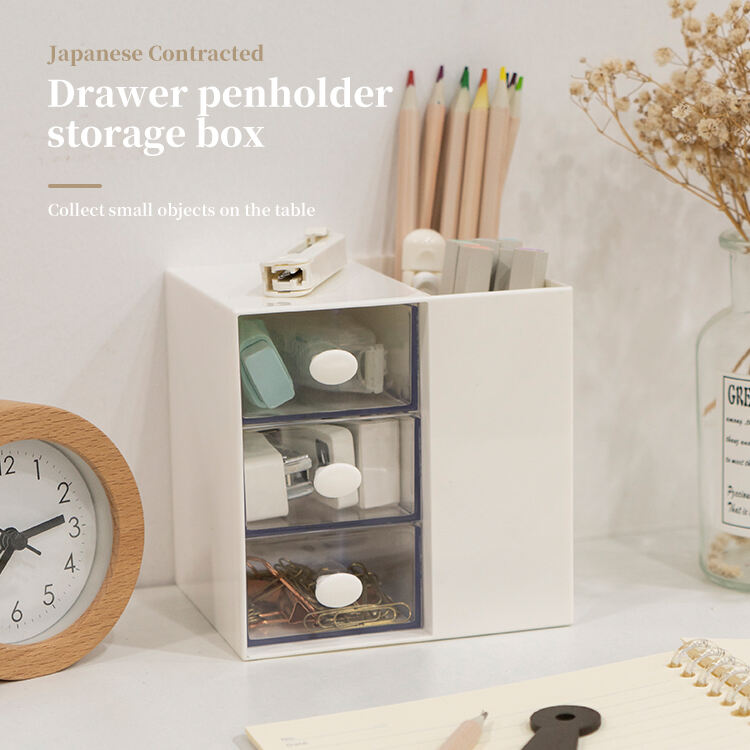 ITEM NO.5017 Multifunction Desktop Stationery Storage Box Sundries Storage Box Plastic Pen Holder With Drawer