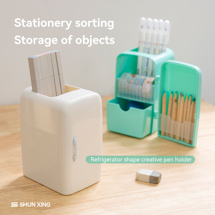 ITEM NO.5016 Factory Directly Unique Refrigerator Shape PS Plastic Desktop Storage Compartment Pen Holders Stationery Storage Box