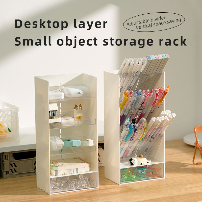 ITEM NO.5027 Plastic Adjustable Layer Height Bedroom Dresser Cosmetic Display Case Makeup Desk Organizer with drawer