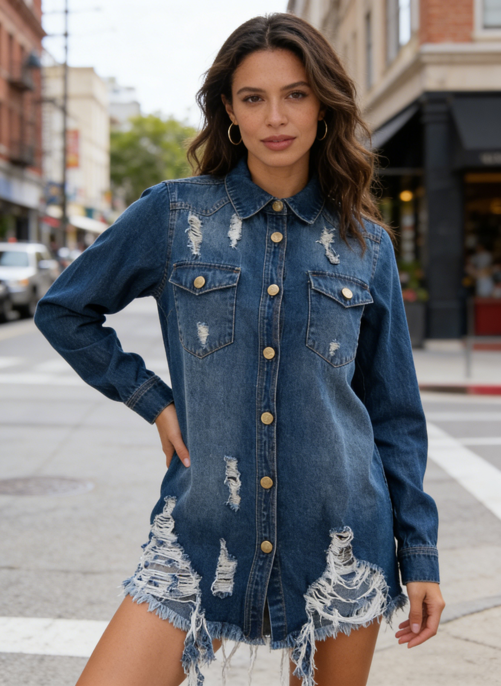 Camisas em Jeans Casuais para Mulheres com Manga Longa — Camisa Solta com Gola Franzida, Estampa Lisa, Venda Direta por Atacado