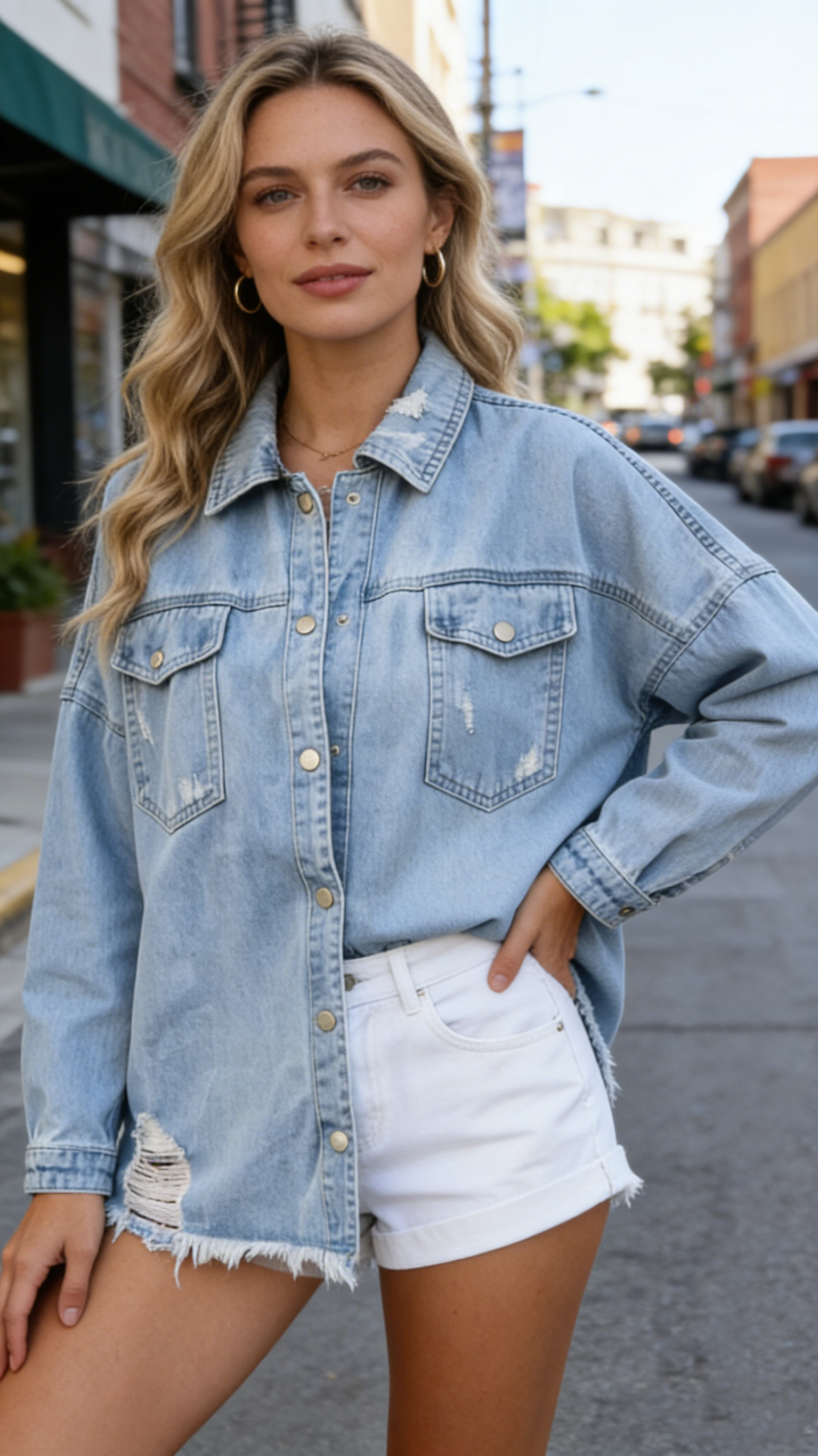 Jaqueta Jeans Vintage para Mulheres com Rasgos, Casaco de Jeans com Botões e Forro de Algodão, Respirável, Estampa Lisa