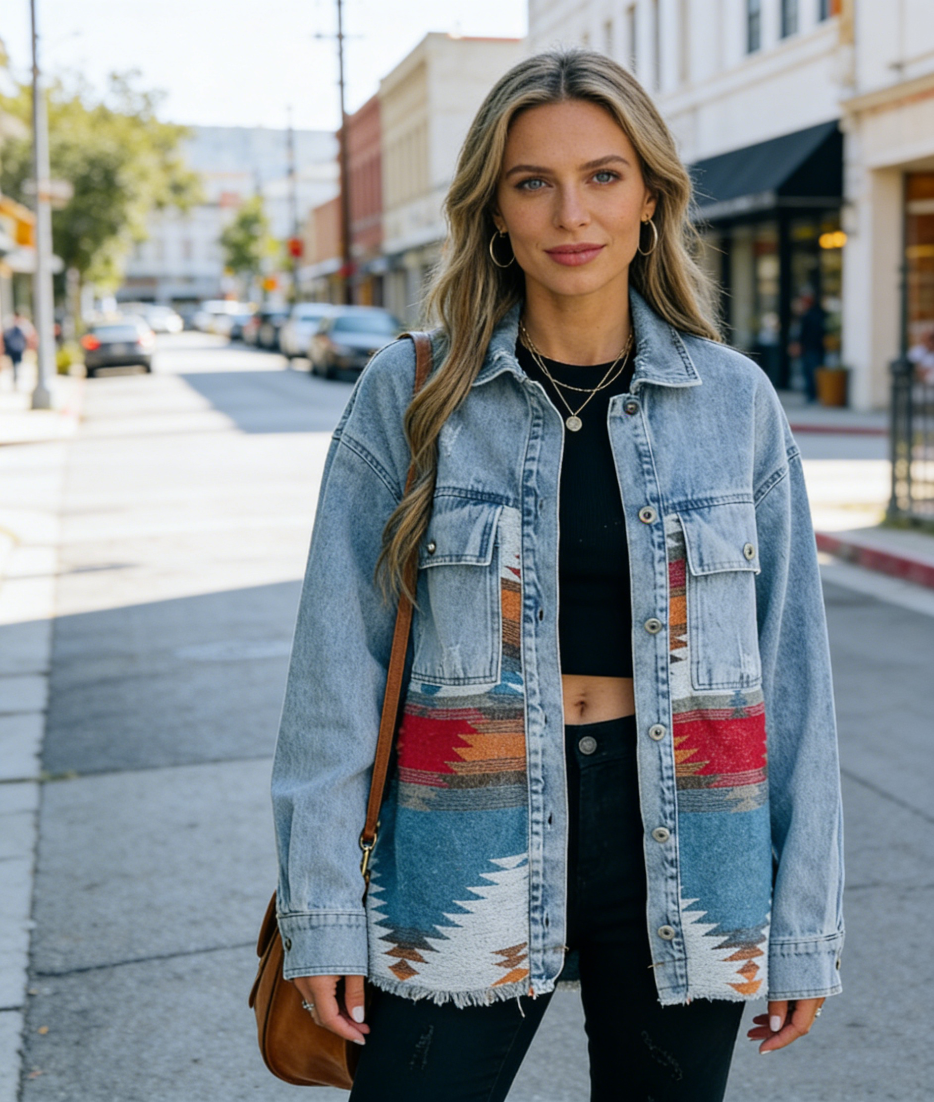 Western Custom Long Sleeve Loose Shacket Boho Outerwear Vintage Denim Aztec Jacket for Women