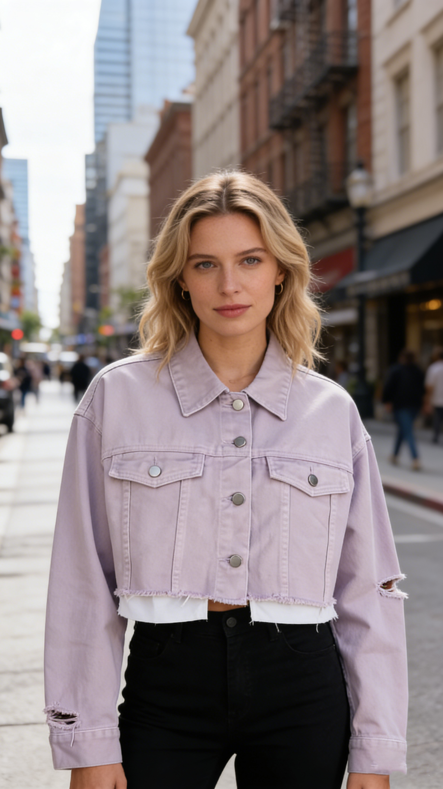 Nova Jaqueta Curta em Jeans Rasgada, Estilo Moderno com Lavagem Especial, Roupa Externa Informal e Justa, Jaqueta em Jeans Feminina nas cores Rosa e Roxa