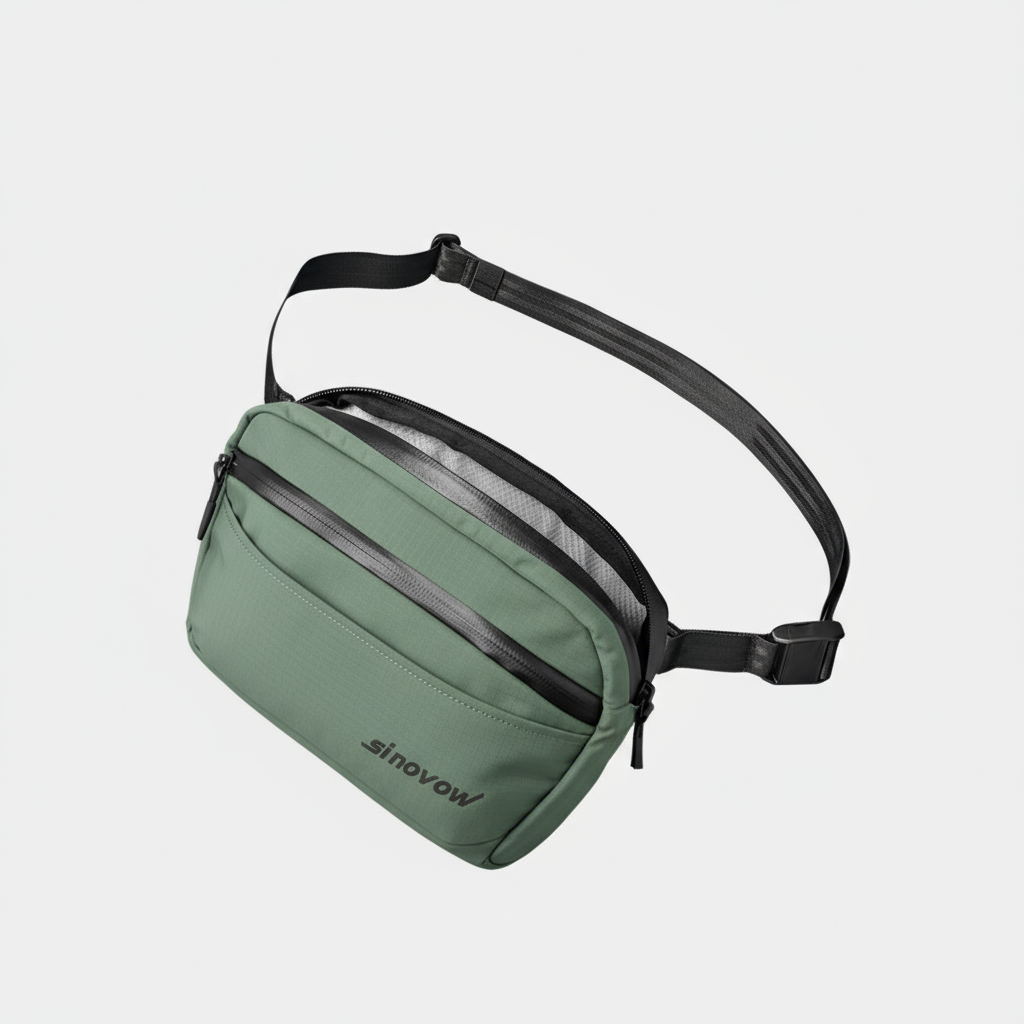 Hellgrüne gewebte Nylon-Schultertasche mit dreifachem Frontzugang