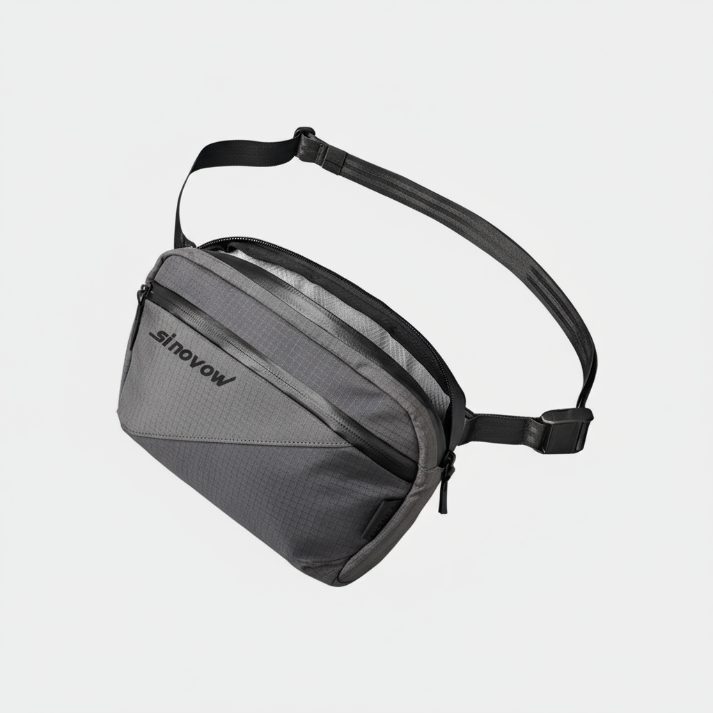 Zweifarbige graue Nylon-Tasche mit verdeckter Öffnung auf der Rückseite