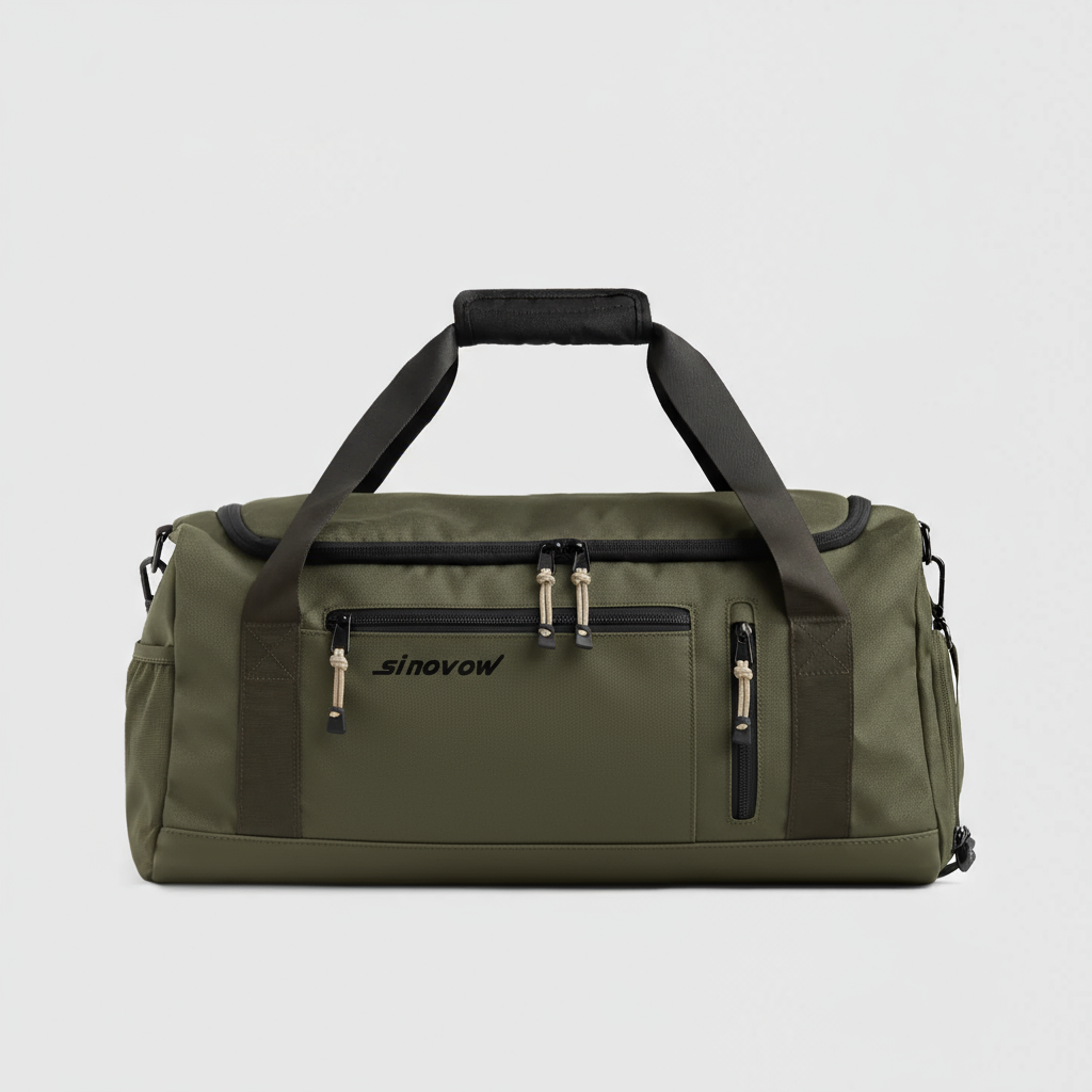 Olivgrüner Polyester-Reise-Duffle mit dunkelgrünen Gewebegurten