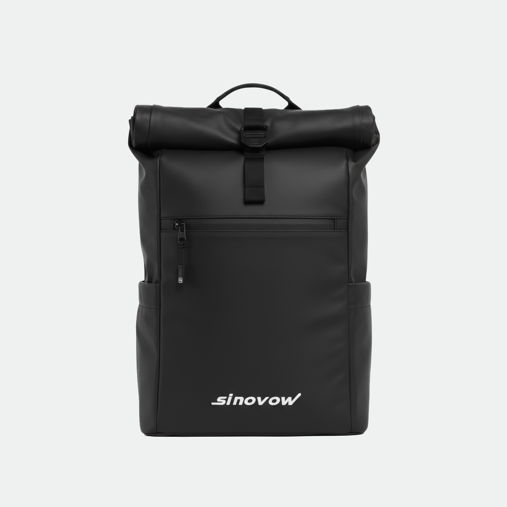 Modern Roll Top Backpack with Water Resistant Materials and Tech Organization