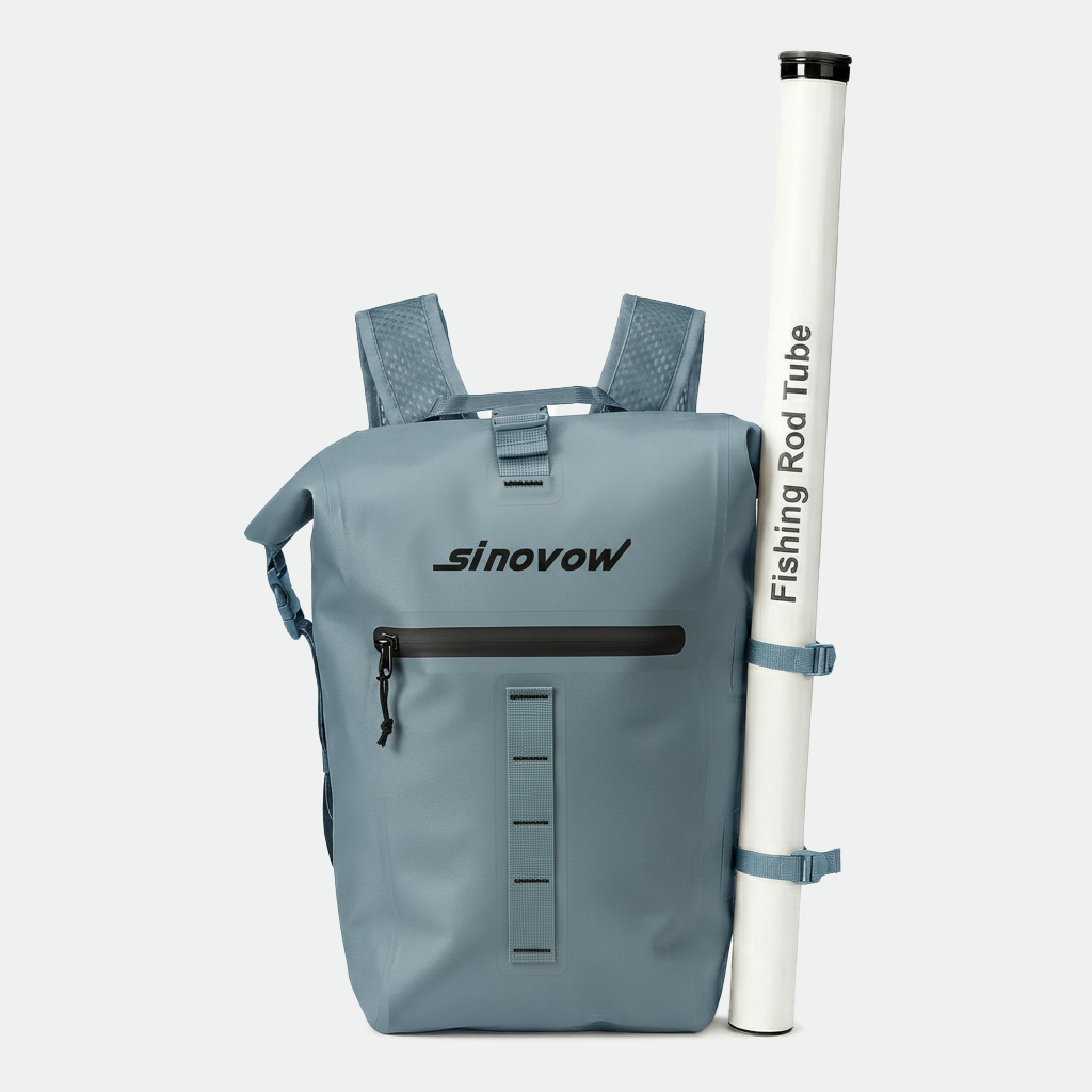 Angelrucksack als wasserdichter Trockenbeutel mit Köderausrüstung und Angelrutenhalter