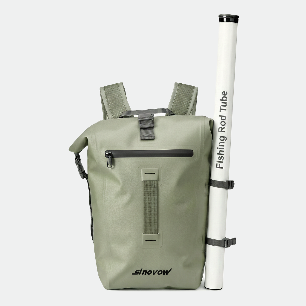 Wasserdichter Angelrucksack als Trockentasche mit Angelrutenhalter und Rolltop