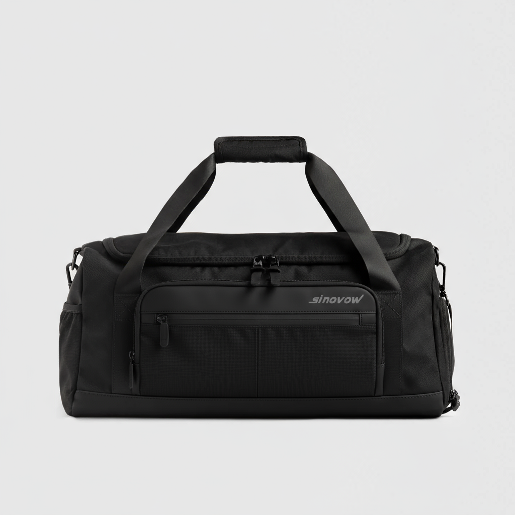 Schwarzer Polyester-Reise-Duffel mit mehreren Taschen und verstecktem Fach an der Rückseite