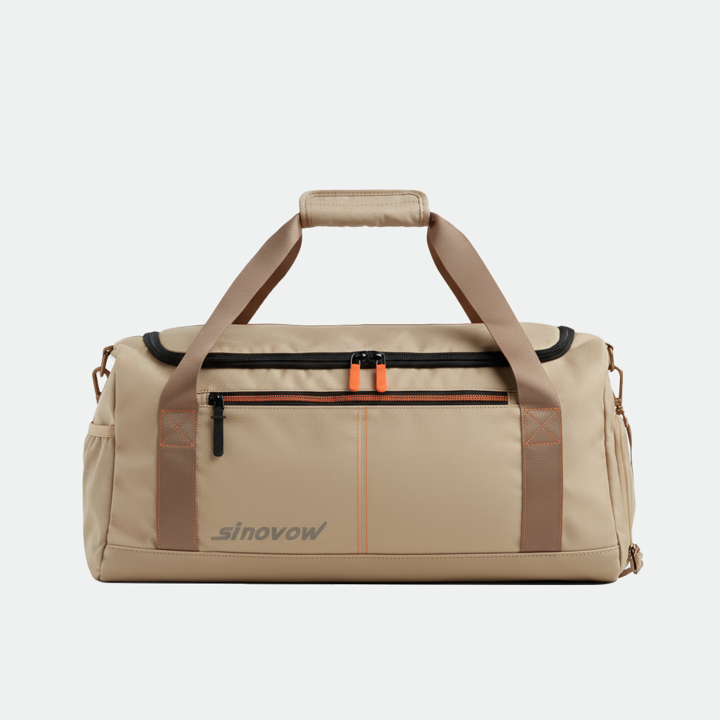 Mörk beige reseduffel av polyester med dold ficka på baksidan