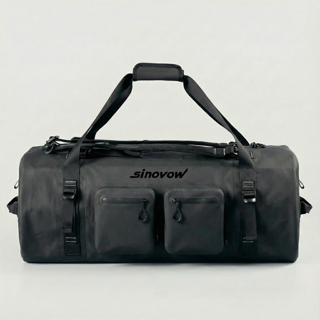 Raven-Duffel-Tasche aus 600D/900D Dual-TPU mit zwei schwarzen vorderen Taschen und Futter aus 420D-Material