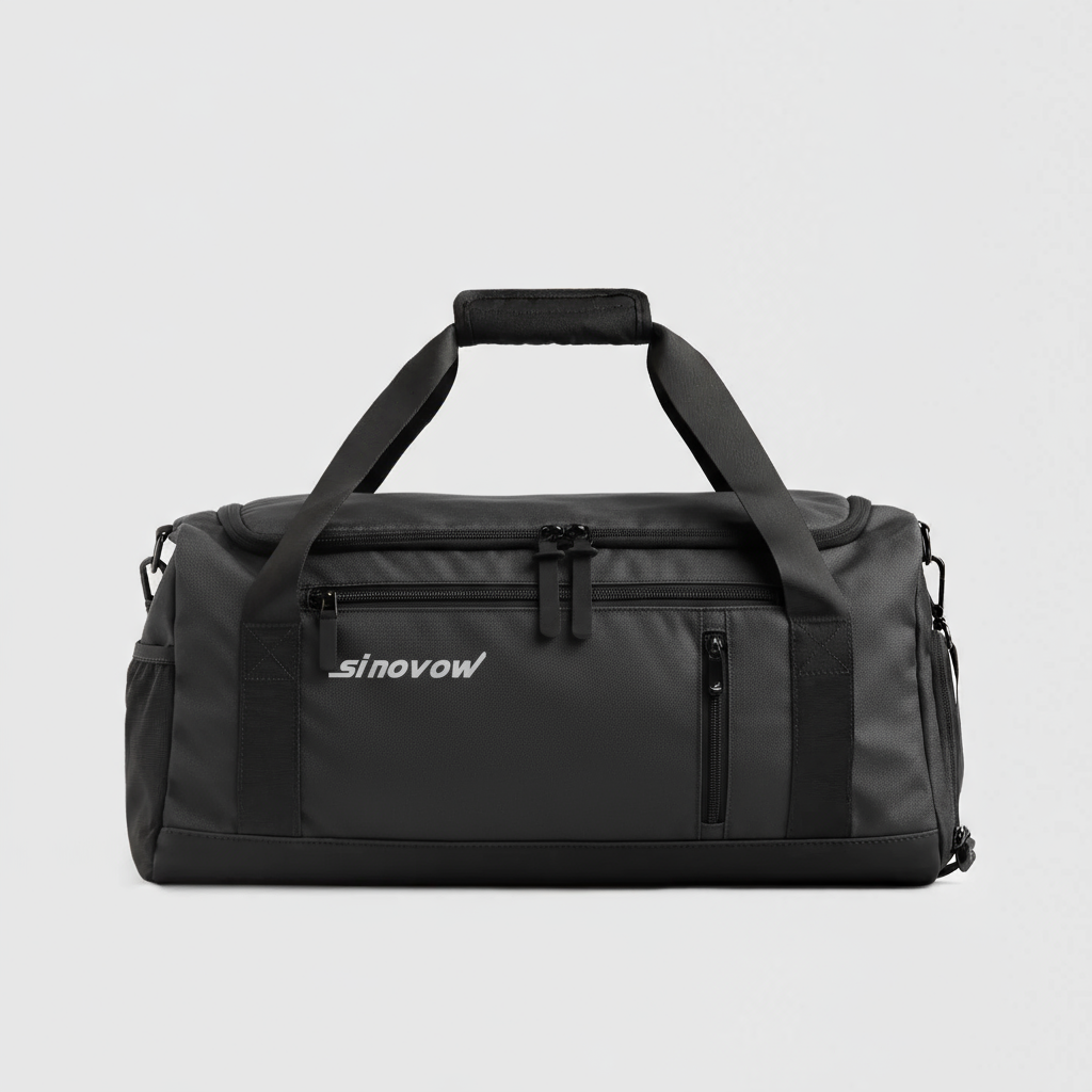 Schwarzer Polyester-Übernachtungs-Duffle mit fünf Taschen und schwarzen Reißverschlussziehern