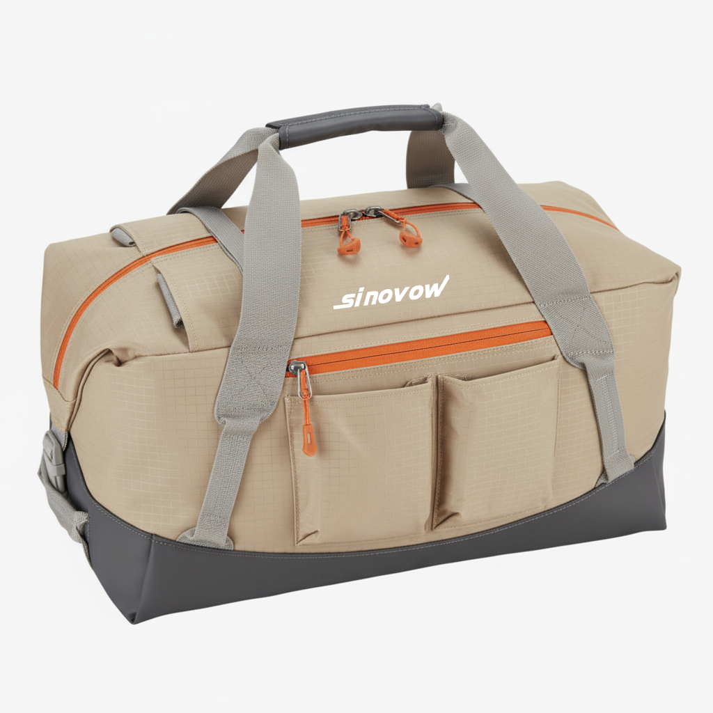 Beige-grauer Reise-Duffel mit ausziehbarem Körper und versteckter Rückentasche
