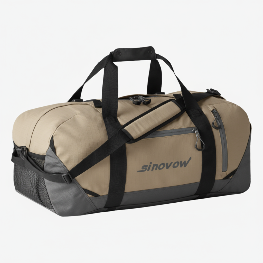 Braun-graue Ripstop-Wochenendtasche mit verdeckter Rückentasche