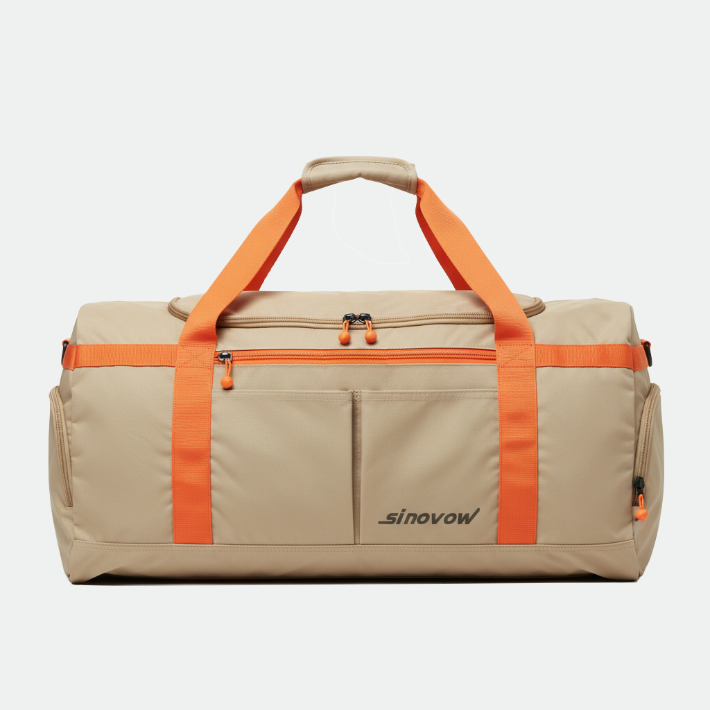 Ljusbrun polyesterresduffel med orange remaccenter