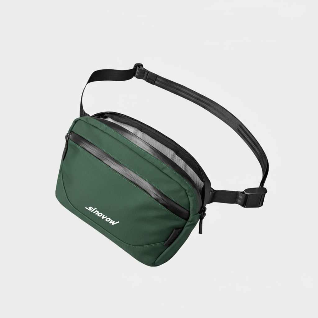 Dunkelgrüne Nylon-Quertragetasche mit schwarzem Reißverschluss-Akzent