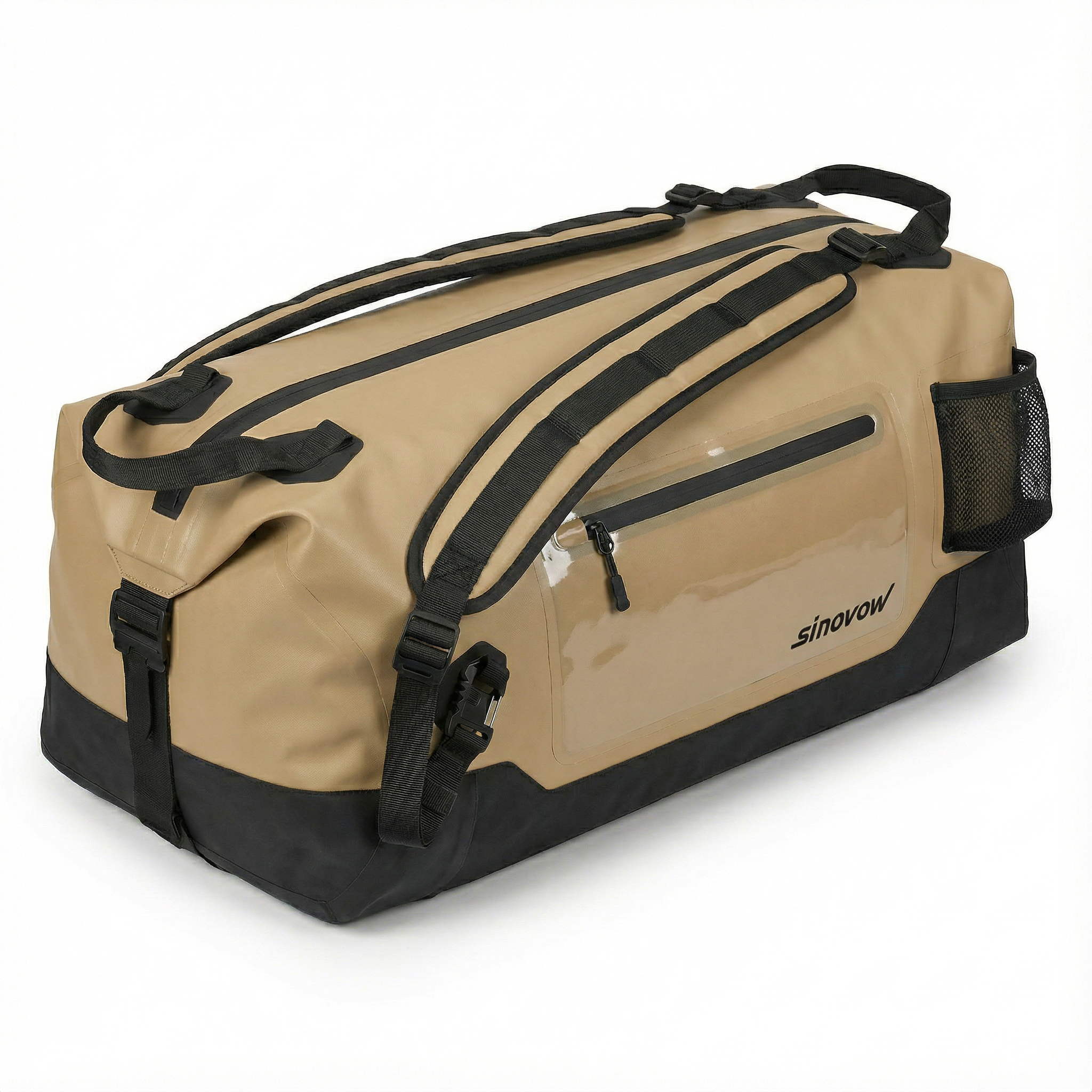 Brauner 840D-Nylon-Dual-TPU-Duffel mit schwarzem Boden und transparentem Frontfenster