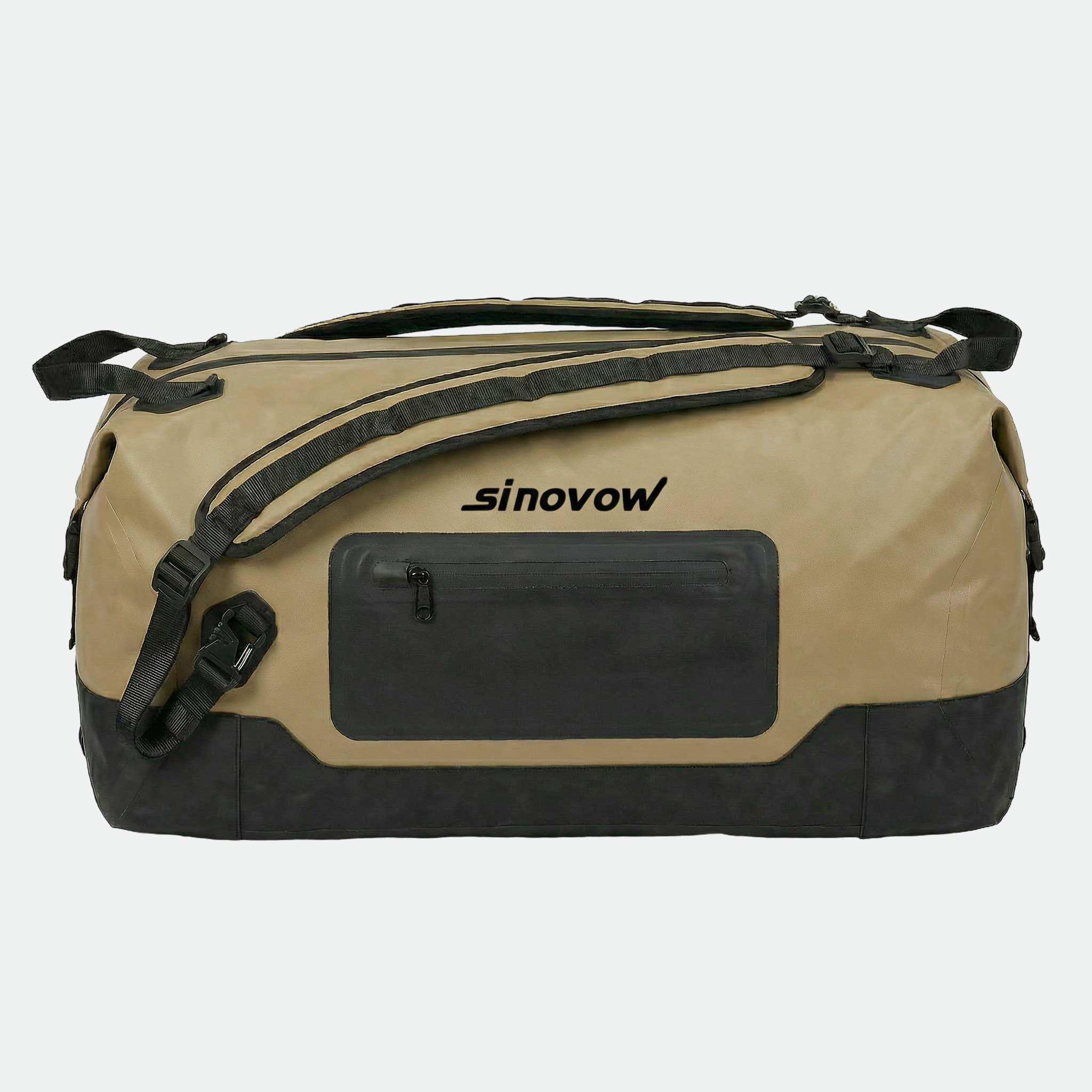 Tan 840D Nylon Dual-TPU Duffel with Black Front Pocket and Black Base