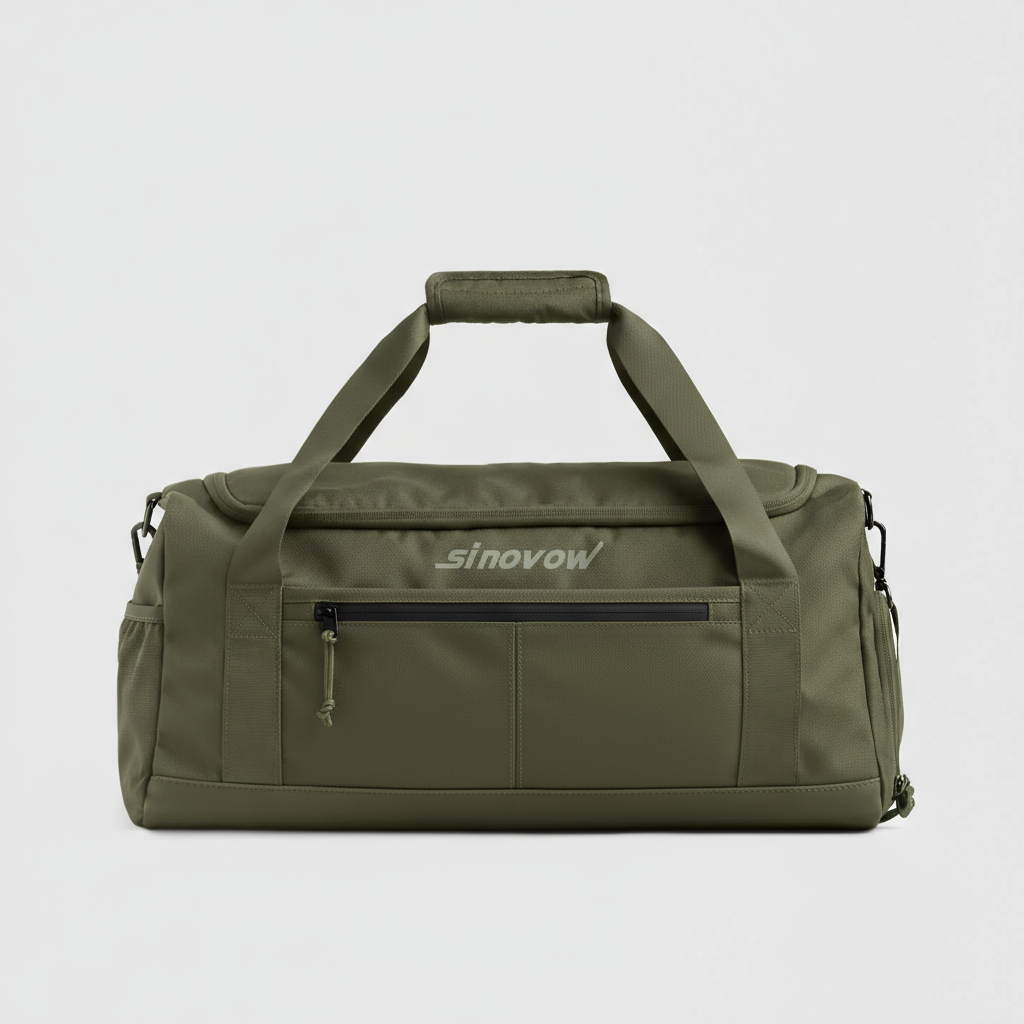 Olivgrüne Polyester-Reisetasche mit vier Zonen und schwarzem Frontreißverschluss