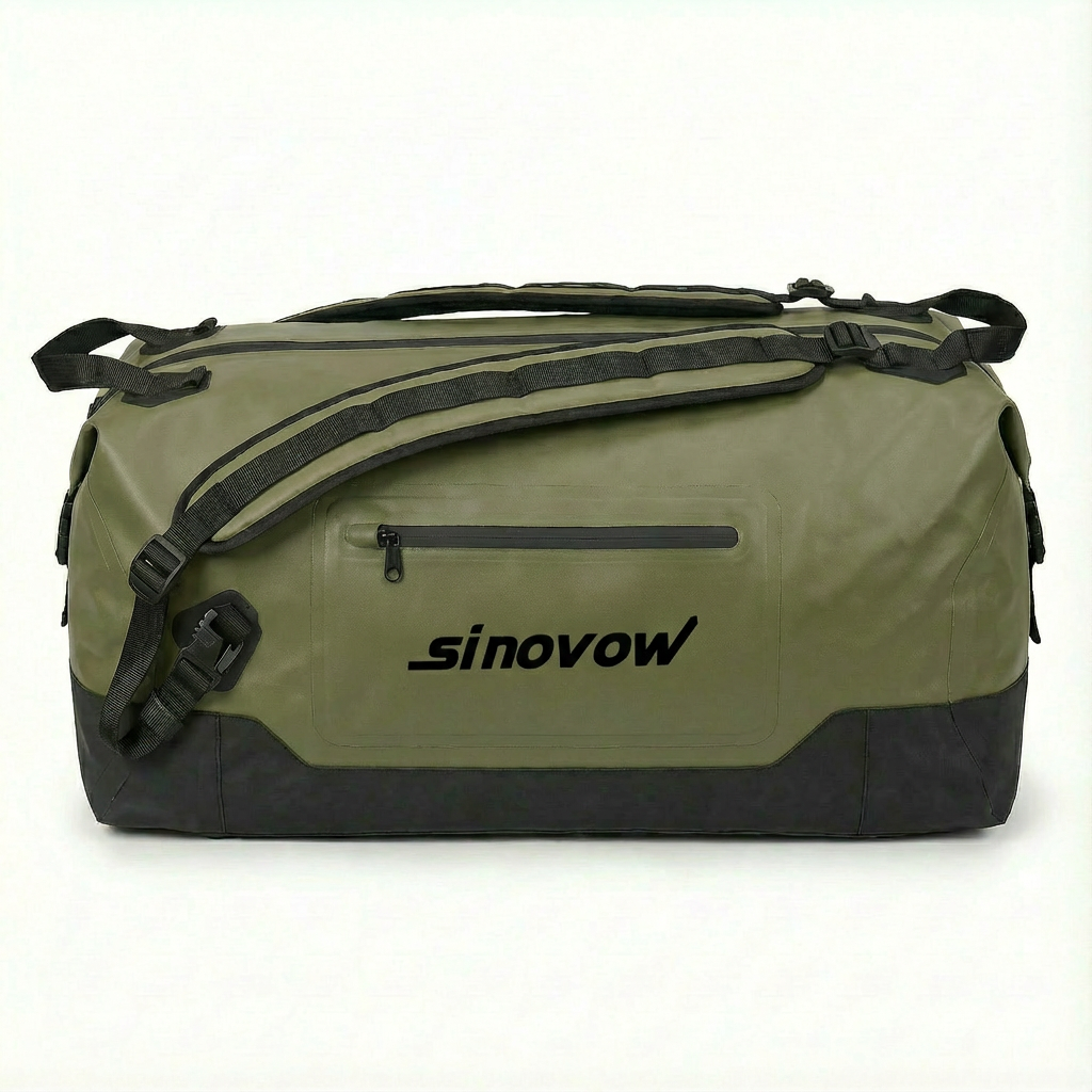 Duffel-Tasche in Olivgrün aus 840D-Nylon mit doppelter TPU-Beschichtung und schwarzer Unterseite mit Schutzleiste