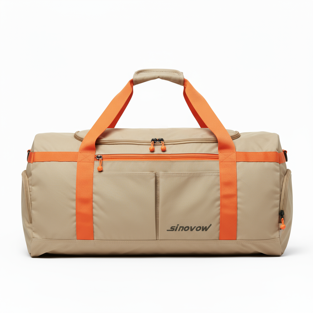 Hellbrauner Polyester-Reise-Duffel mit orangefarbenen Webband-Akzenten