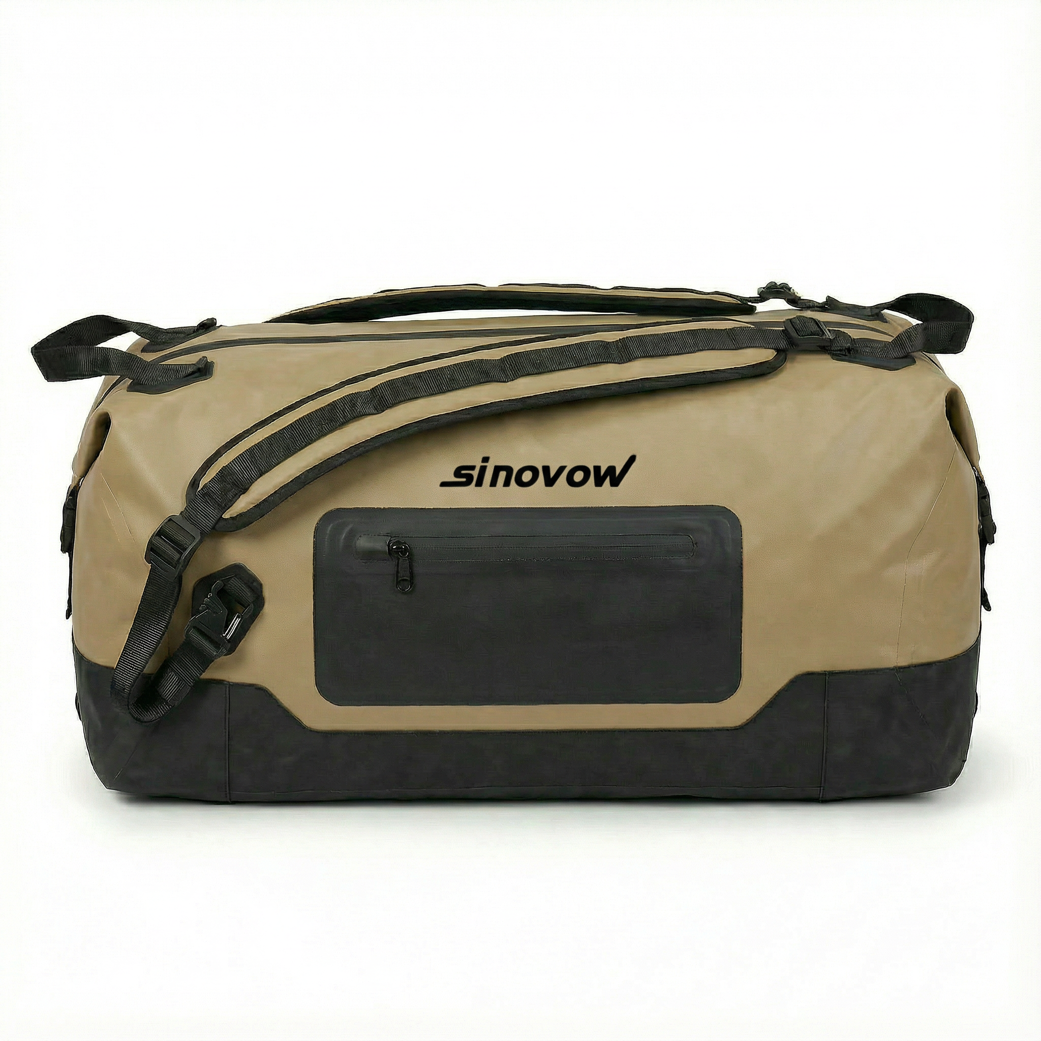 Hellbrauner 840D-Nylon-Dual-TPU-Duffel mit schwarzer Fronttasche und schwarzem Boden