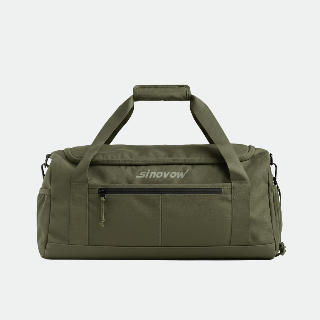 Olivgrüne Polyester-Reisetasche mit vier Zonen und schwarzem Frontreißverschluss