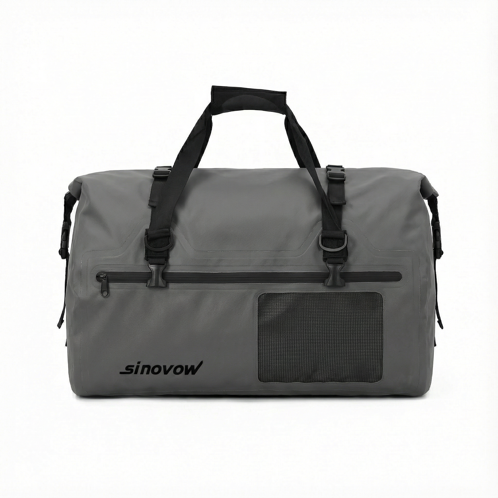 Graue wasserdichte Holdall-Tasche aus 500D-PVC mit schwarzen Gewebegurten