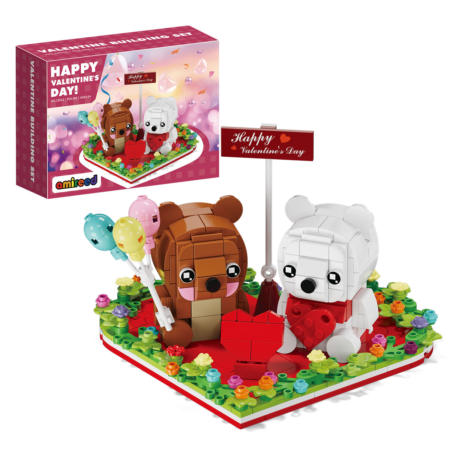 Peluches Ours Bruns et Blancs pour la Saint-Valentin, Cadre Ornamental en Forme de Cœur Compatible avec Lego, Ensemble de Blocs pour Cadeau de la Saint-Valentin, Échange de Cadeaux Scolaires pour Enfants