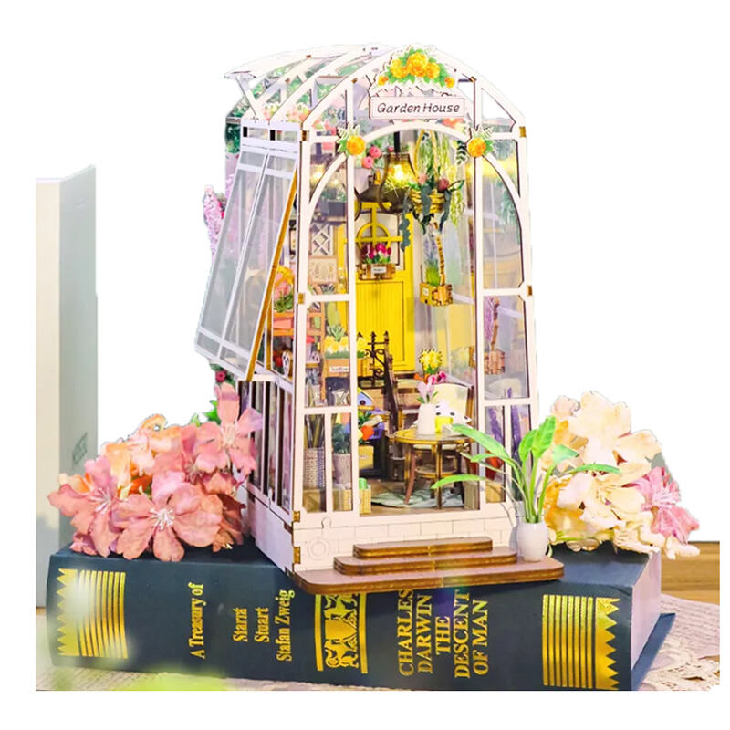 Bücherhimmel 3D Holzpuzzle Buchstütze DIY Mini-Gartenhaus Regal-Einlage Garten-Bücherhimmel-Set Mini Puppenhaus Spielzeug