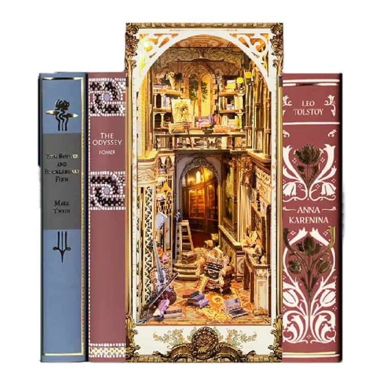 CAYI Royal Court Book Nook Miniature House with LED Light Diy Bookends 3D Wooden Puzzle Dollhouse Bookshelf Insert Decor Craft