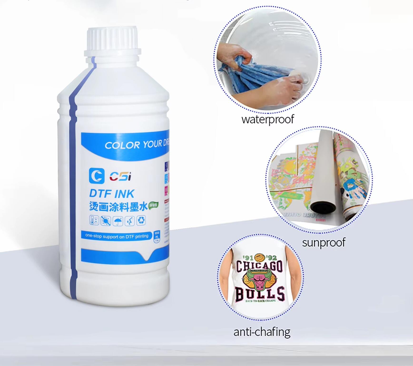 CSI for DTF Ink for Epson Printer Head 1000ml Digital Textile Fabric Certified MSDS Bottles for Models L1800 XP60 I3200 T-Shirt manufacture