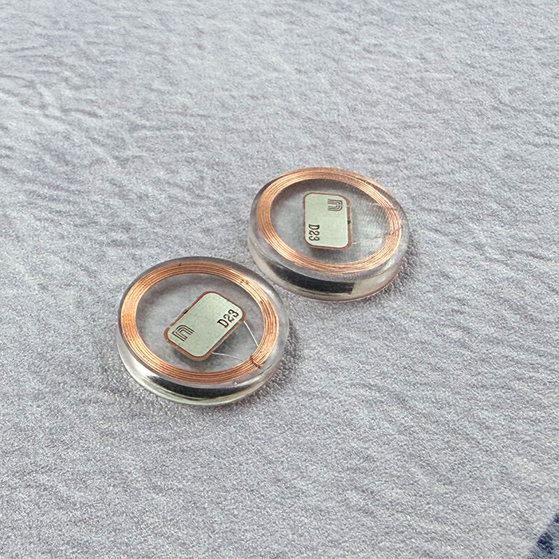 علامات RFID دائرية صغيرة الحجم شفافة من مادة PVC مع ملف نحاسي، ومزودة بتقنية Mifare Desfire EV3 بسعة 2 كيلوبايت
