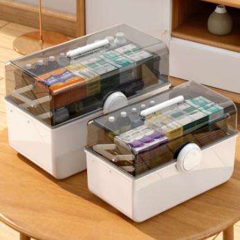 3段式ファミリーメディシン収納ボックス（蓋付き）－分類収納に最適、防塵・防湿設計