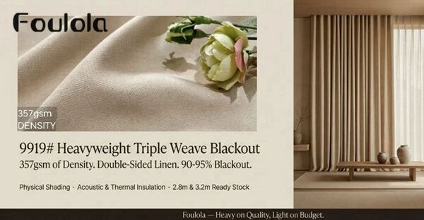 Heavyweight Triple Weave Blackout Curtain – 357gsm, 90-95% Shading, Double-Sided Plain Linen, 280CM & 320CM Width, Value Choice | 9919#